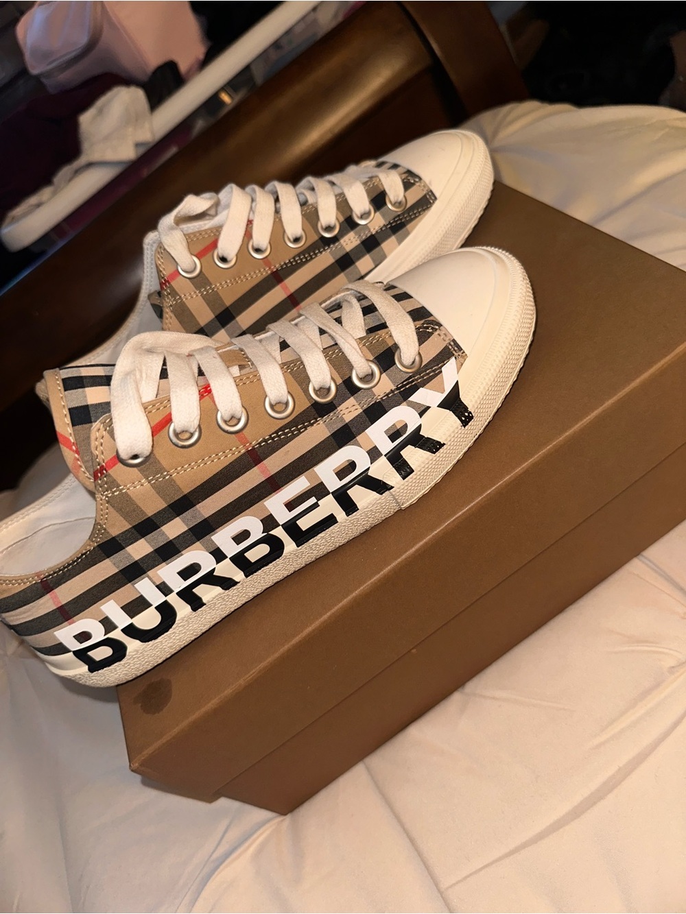 Burberry Beige Nova Check Low-Top Sneakers with White Accents